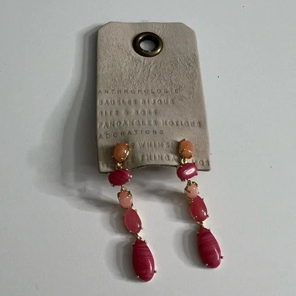 NWT ANTHROPOLOGIE Stone Drop Earrings Pink Peach Gold - Picture 3 of 5